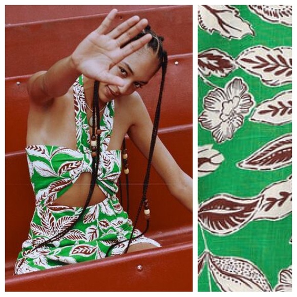 NWT. Zara Green Linen/Cotton Cut-Out Tropical Print Jumpsuit/Romper. Size L. - Picture 3 of 10
